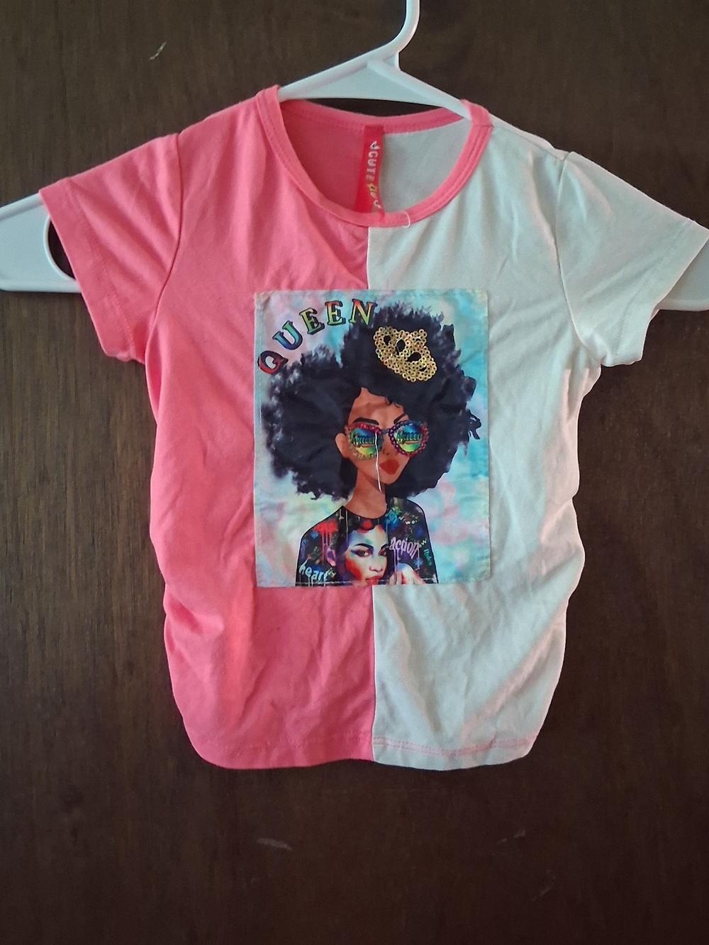 Girls' Short-Sleeve 'Queen' Graphic Colorblock Tee - Pink & White